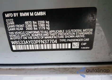 2023 BMW M3 Competition z USA, uszkodzony, nr VIN WBS33AY03PFN37704